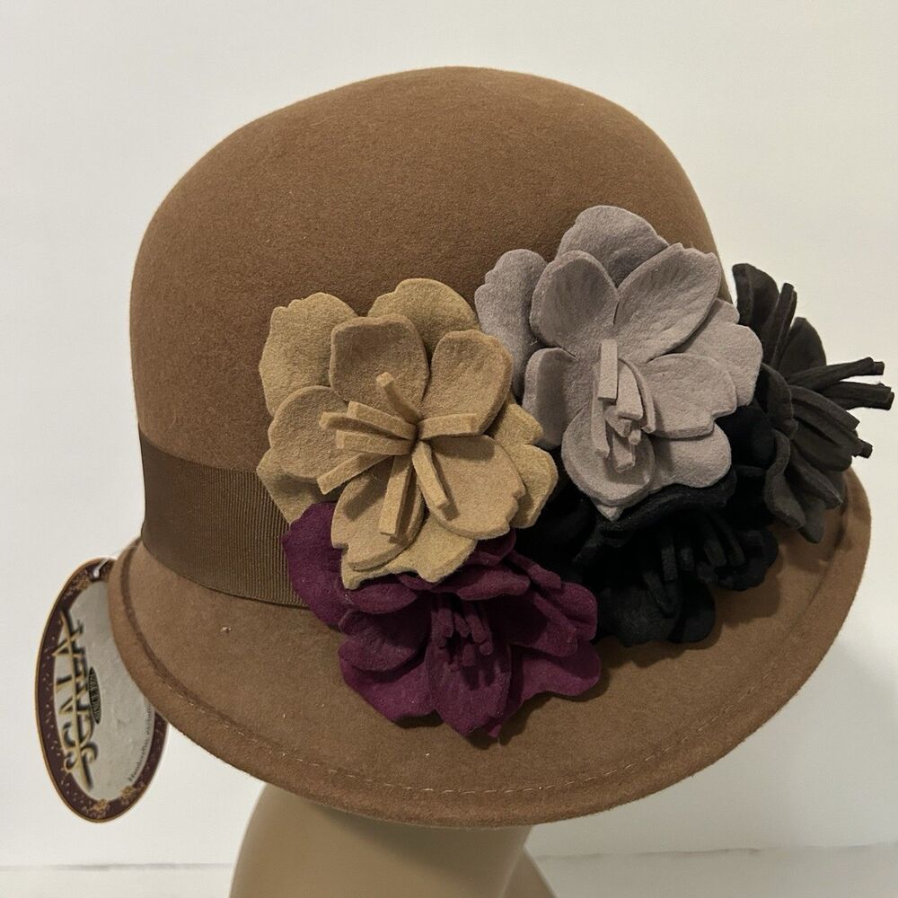 Women's Brown 100% Wool Felt Hat  Band w/flowers Scala One Size NWT Elegant Boho